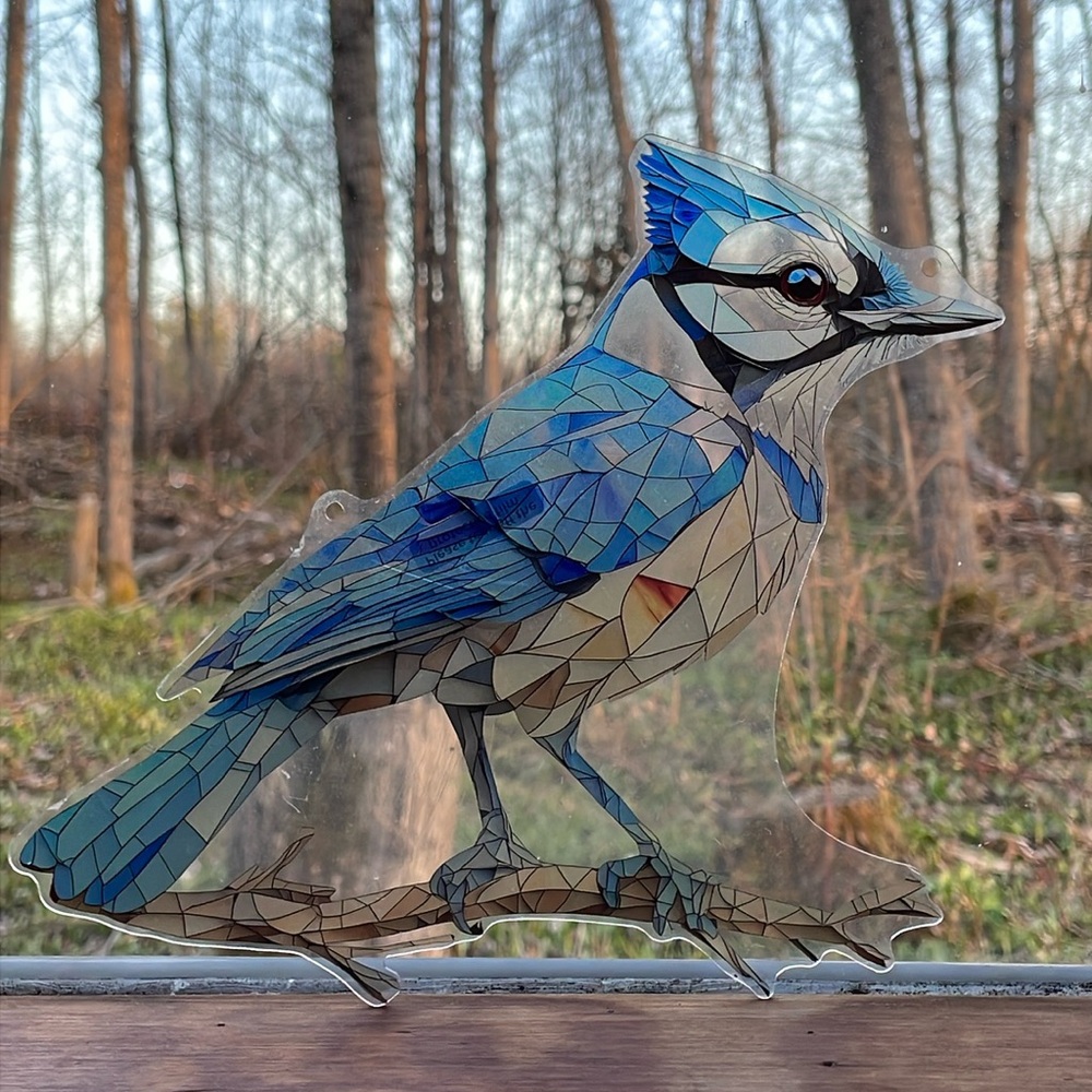 Suncatcher Acrylic Blue Jay Bird Spring Home Decor Faux Stained Glass 8”